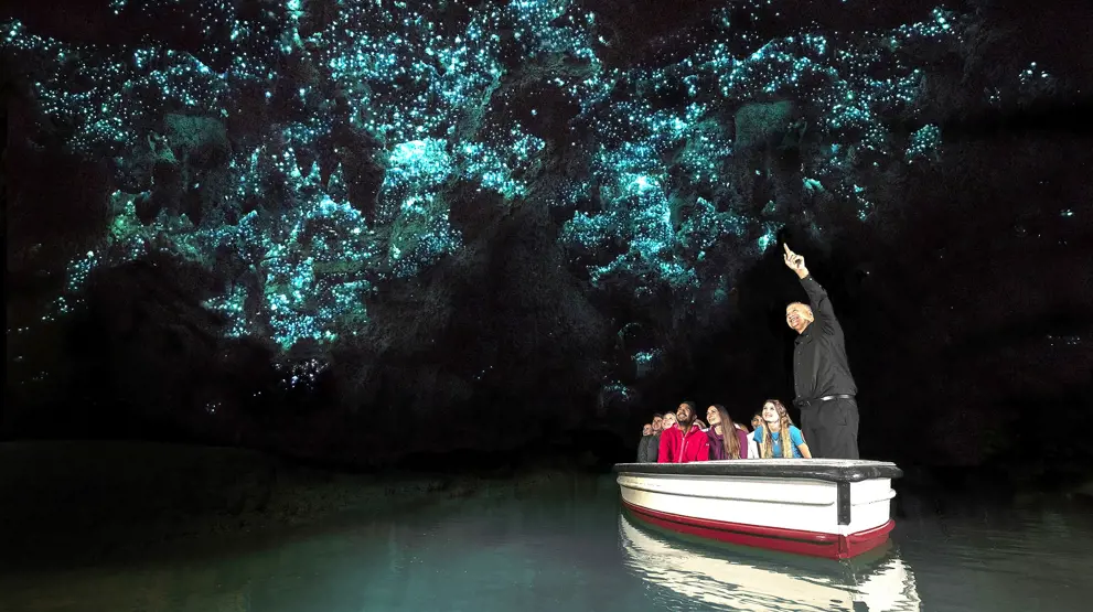 Oplev de fascinerende selvlysende orme i Waitomo Glowworm Caves.