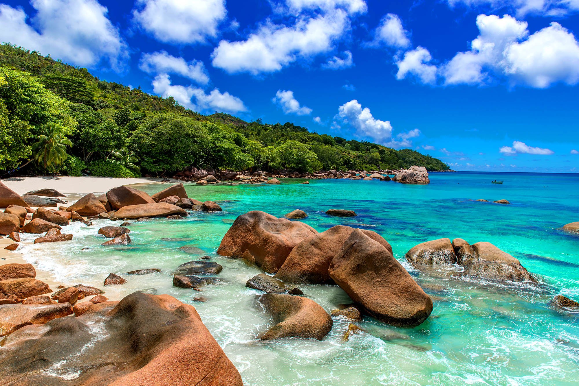 Seychellernes næststørste ø Praslin ved stranden Anse Lazio.