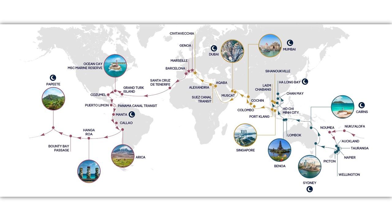 World Cruise 2028 er en fantastisk rejse, der tager jer til 29 lande Foto: MSC Cruises