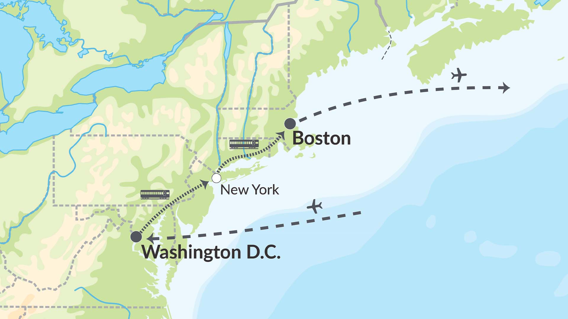 Storbyerne på USA's østkyst med tog