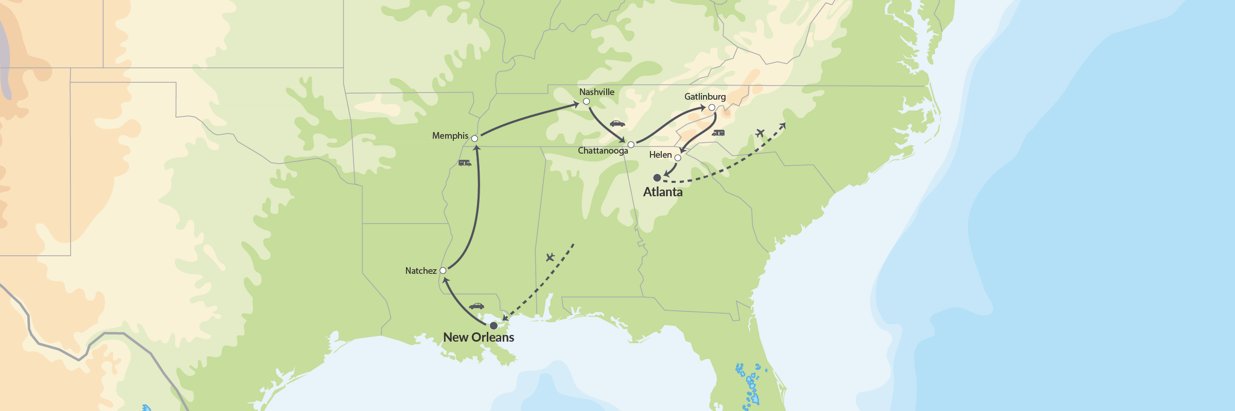 112104 Sydstaternes Charme, Kultur, Musik Og Smukke Natur Map