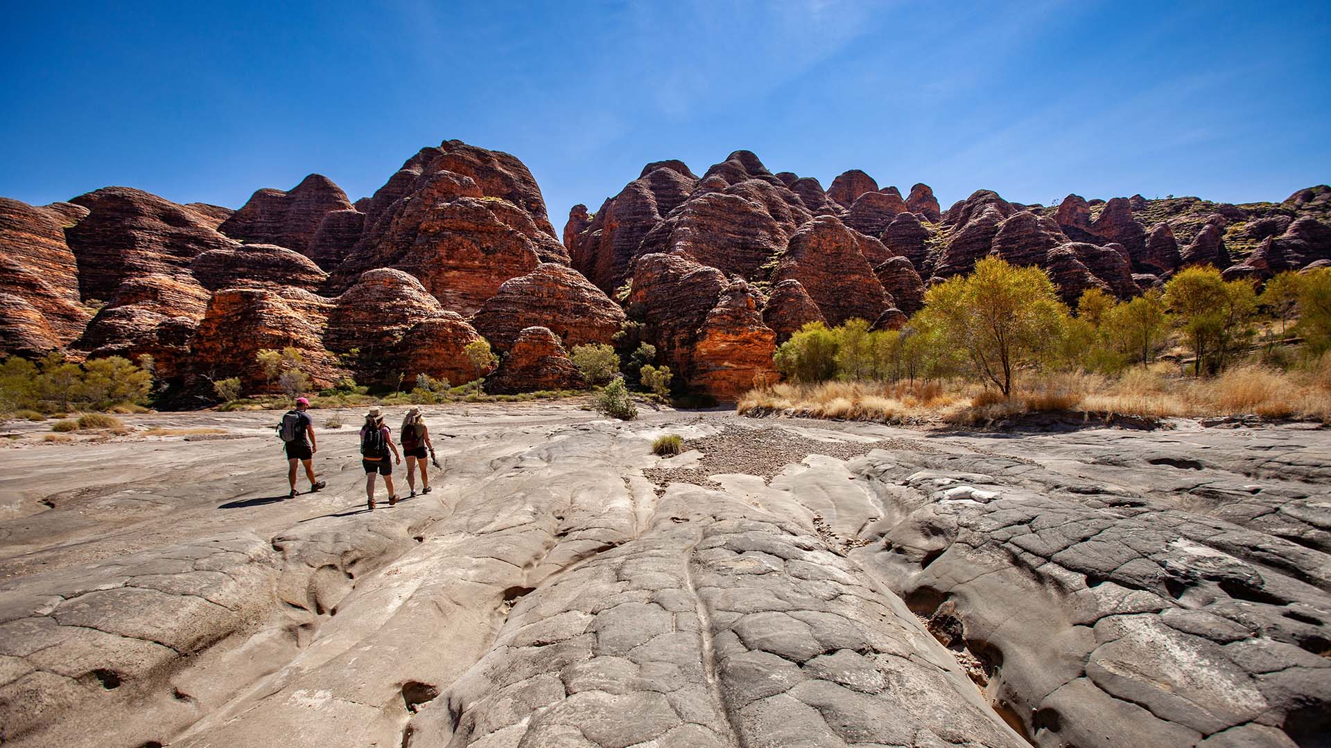 Three Figures Trekking In The Bungle, Bungle Range Shutterstock 1997718677 CUT