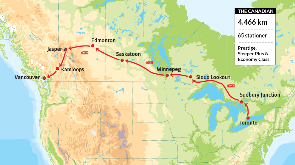 The Canadian tager jer fra øst til vest i Canada - Togrejse i Canada