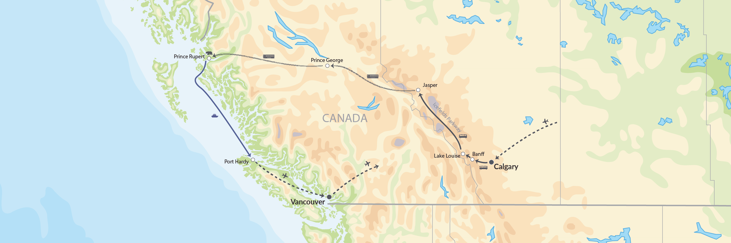 DK Rundrejse I Vestcanada Med Tog, Skib Og Fly 114024 Map