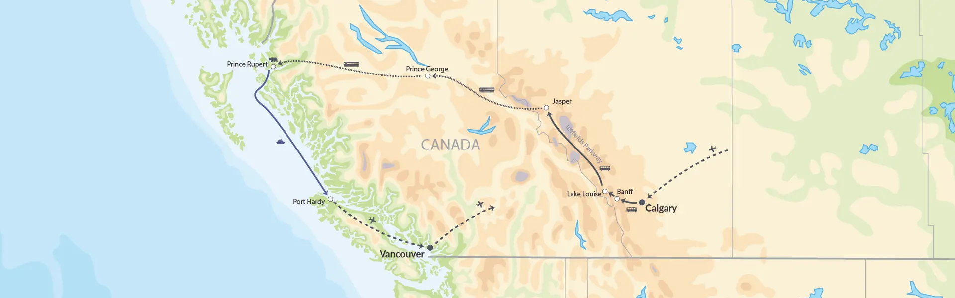 DK Rundrejse I Vestcanada Med Tog, Skib Og Fly 114024 Map