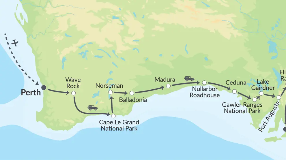 I autocamper fra Perth til Adelaide.