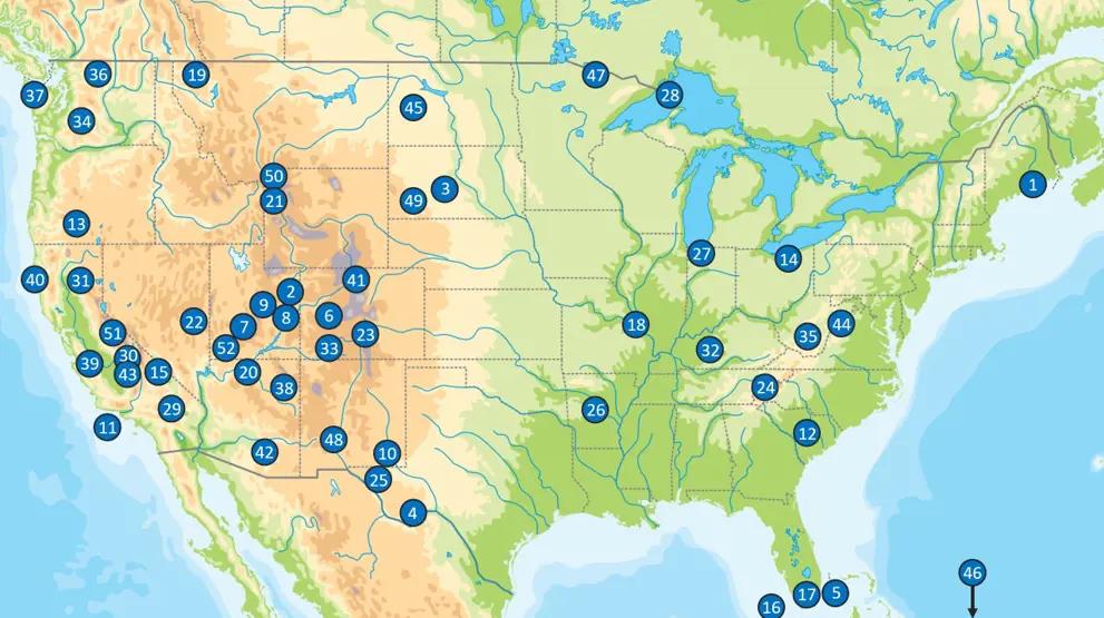 Der er 63 nationalparker i USA, hvoraf 52 er i de 48 sammenhængende delstater