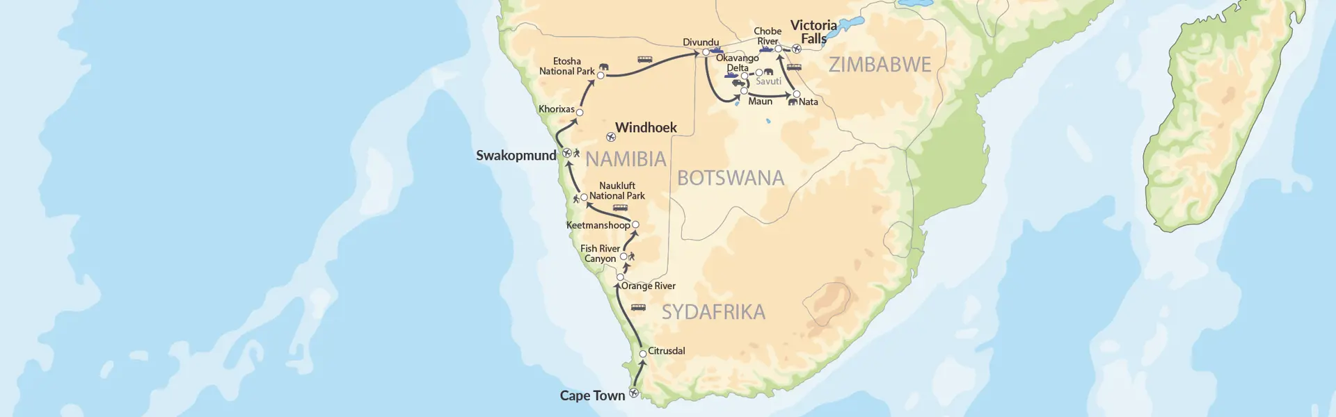Nomad Tours Cape Town Vioctoria Falls Map