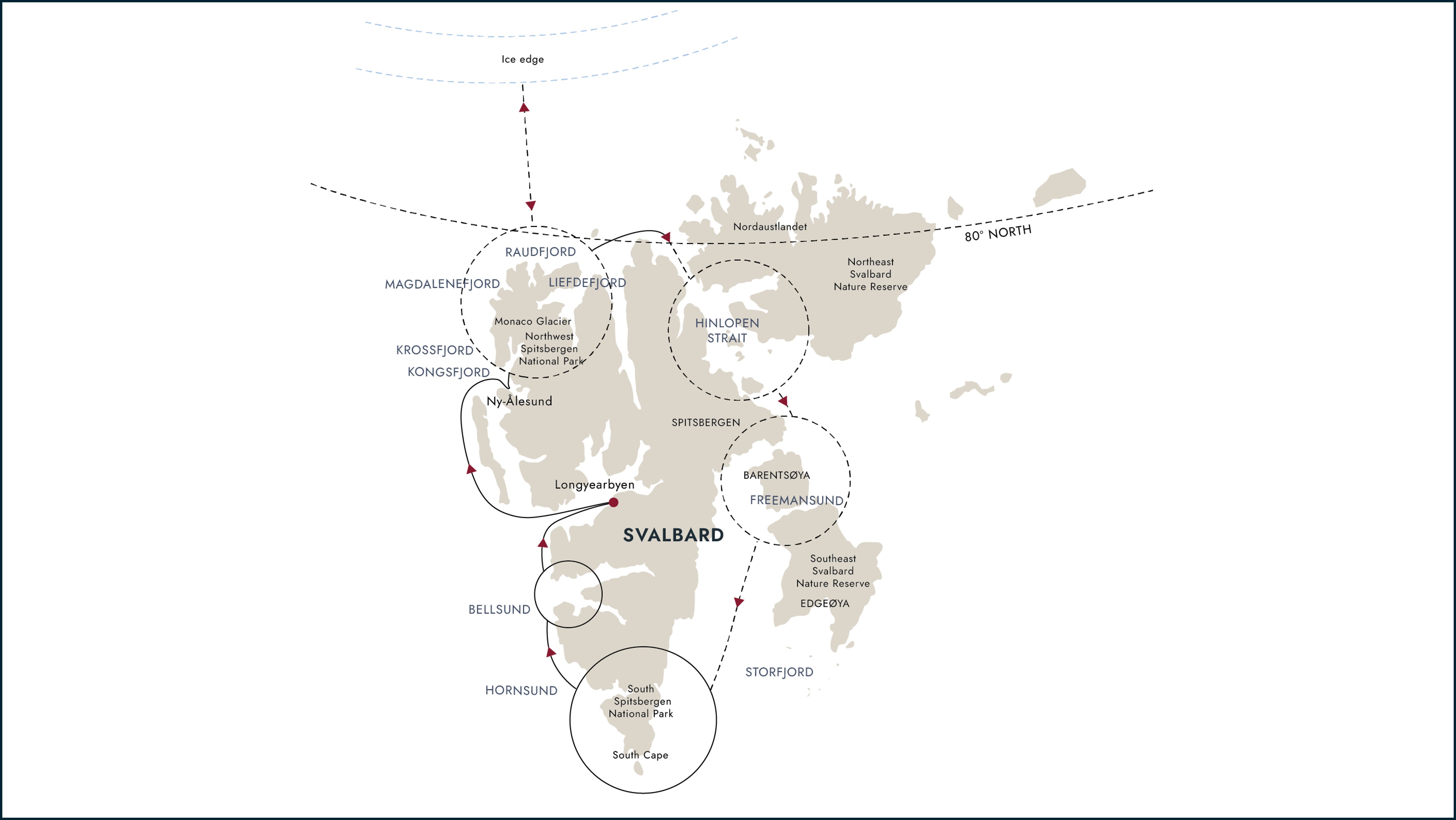 Rejsen går rundt om Svalbard gennem fjorde, iskanter og fjerntliggende øer