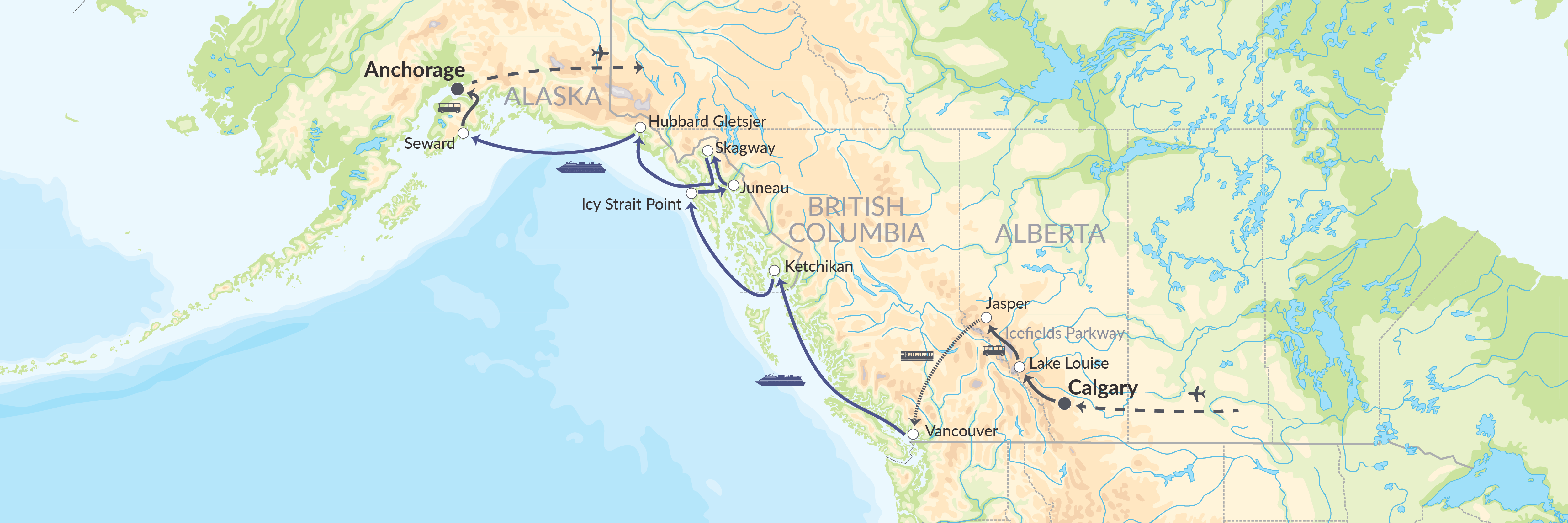 Canada og Alaska med bus, VIA Rail-tog og krydstogt.