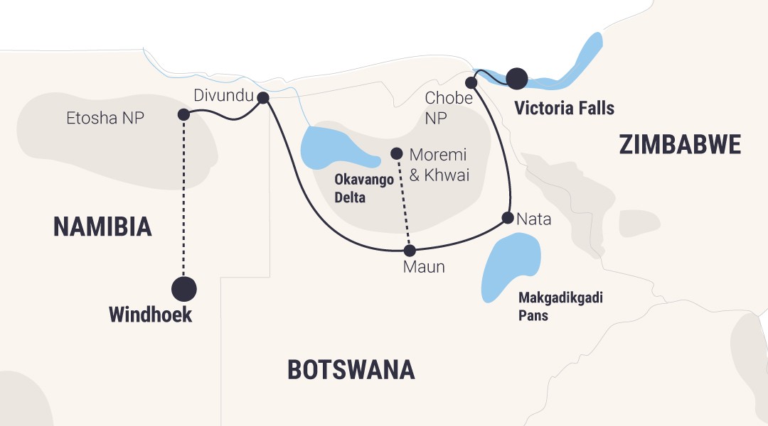 Nomad turen går fra Windhoek via Etosha NP, Okavango-deltaet til Chobe NP og Victoria Falls