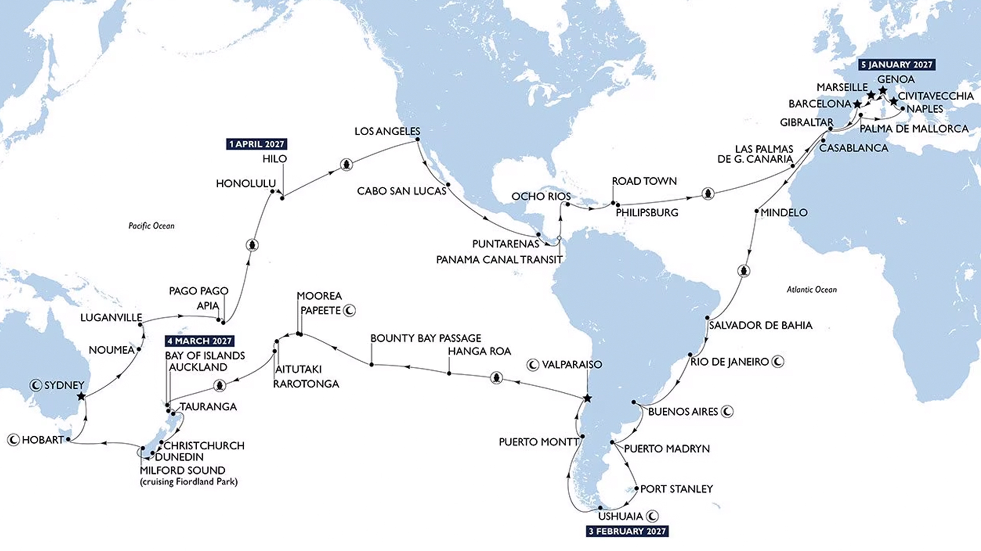 Kort over ruten på verdenskrydstogt med MSC Magnifica 2027 | Foto: MSC Cruises