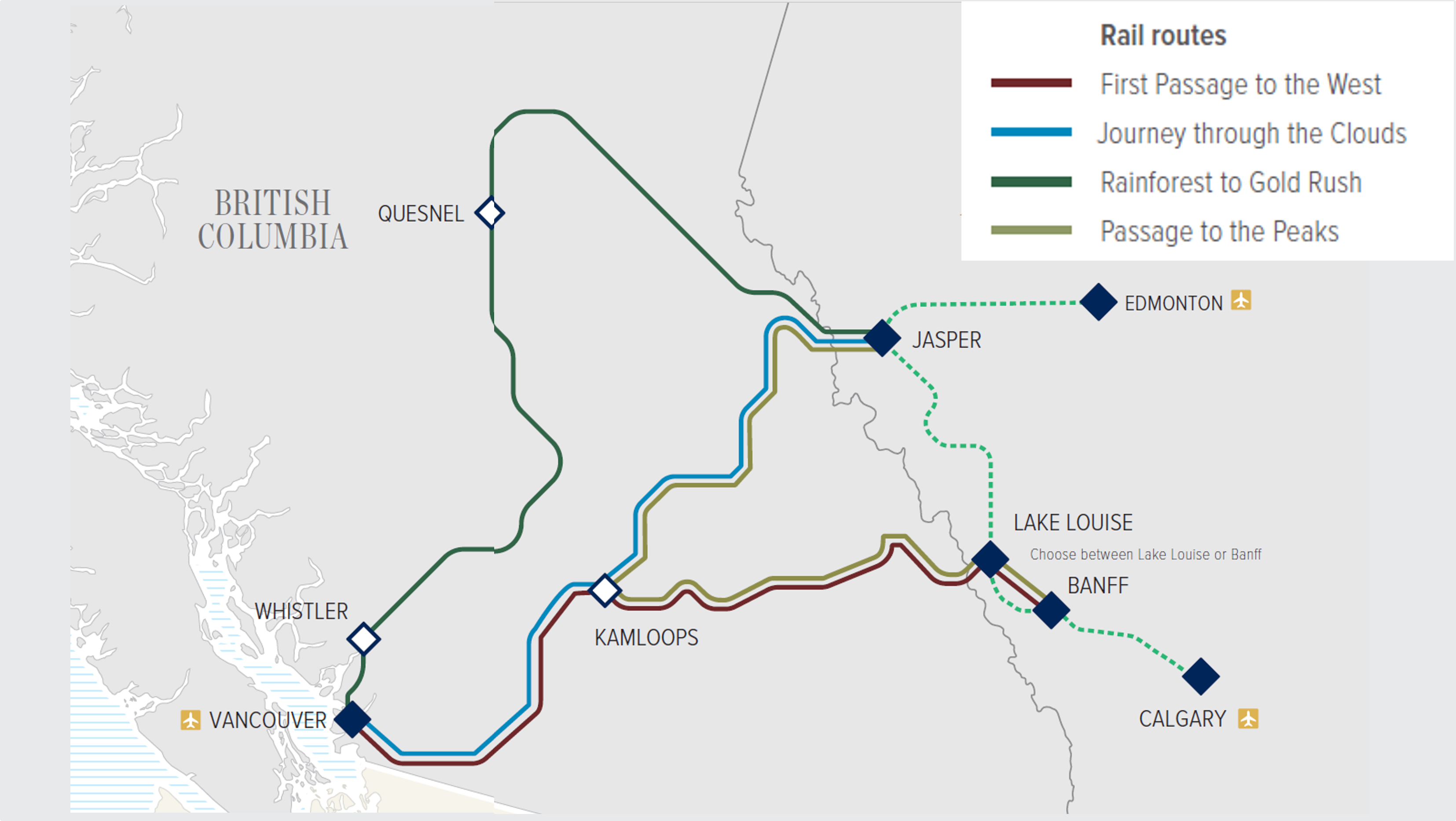 Rocky Mountaineer har i 2026 fire ruter i det vestlige Canada I kan vælge imellem