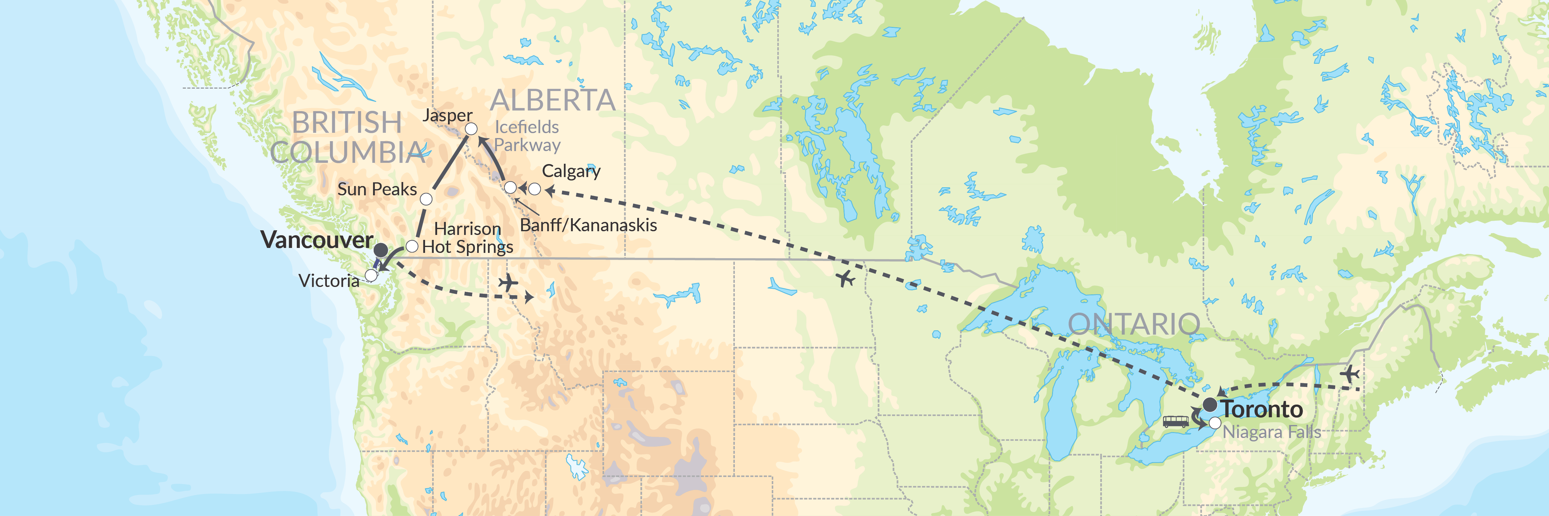 Kør selv rejseforslag med Niagara Falls og det vestlige Canada.