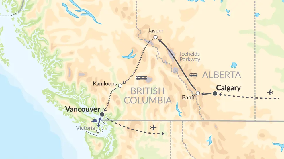 Togrejse tværs over Rocky Mountains i Canada.