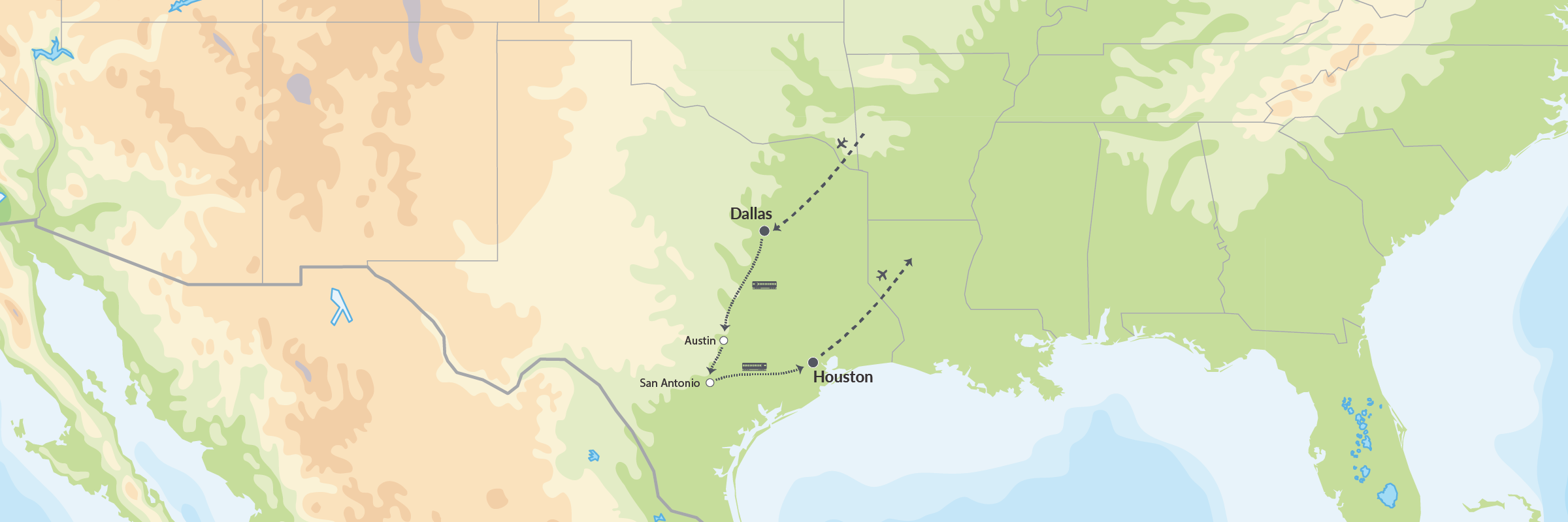 DK Texas Togrejse Med Dallas Austin San Antonio Houston Map