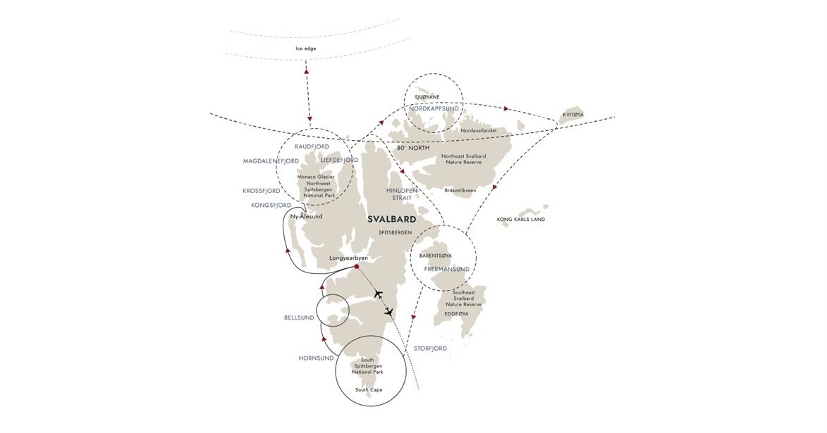 Rejsen går gennem Svalbards fjorde, iskanter og fjerntliggende øer